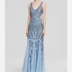 Adrianna Papell Gown V-Neck Mesh Side Beaded Godet Open Back dress